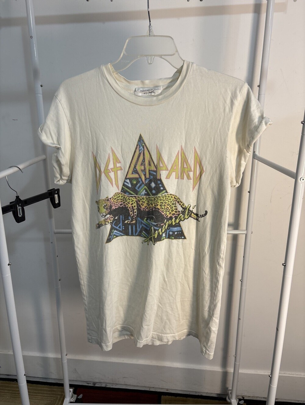 Daydreamer Free People Def Leppard Animal Graphic Tee S Cream Distressed NWOT